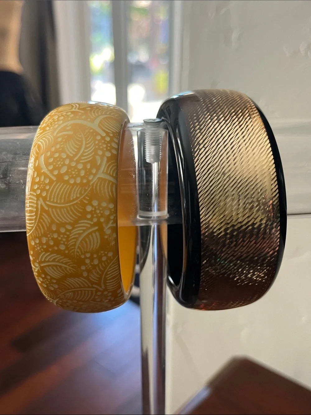 PONO Yellow Floral Printed Bangle & Textured Brown Resin Bangle - Set of 2